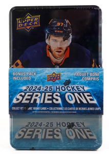 2024/25 Upper Deck Series 1 Hockey Tin 8 Packs per Tin + 1 Bonus Dazzlers 3-Card Pack, 12 Cards per Pack