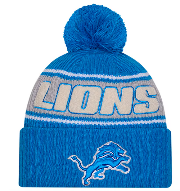 Men's New Era Blue Detroit Lions 2024 Sideline Sport Cuffed Knit Hat with Pom