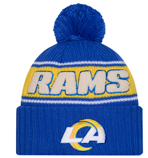 Men's New Era Royal Los Angeles Rams 2024 Sideline Sport Cuffed Knit Hat with Pom