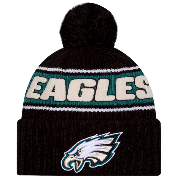 Men's New Era Black Philadelphia Eagles 2024 Sideline Sport Cuffed Knit Hat with Pom