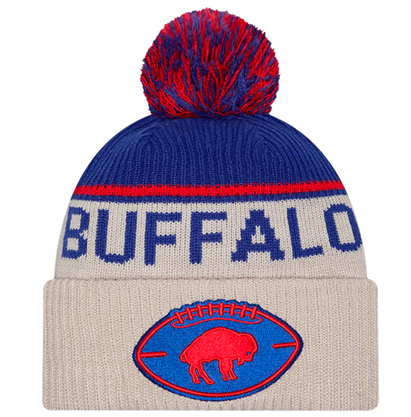 Men's New Era Stone Buffalo Bills Sideline Historic Cuffed Knit Hat with Pom