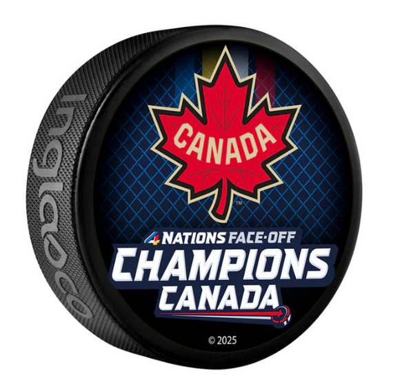 2025 Team Canada NHL Inglasco 4 Nations Face-Off Championship Souvenir Roster Hockey Puck