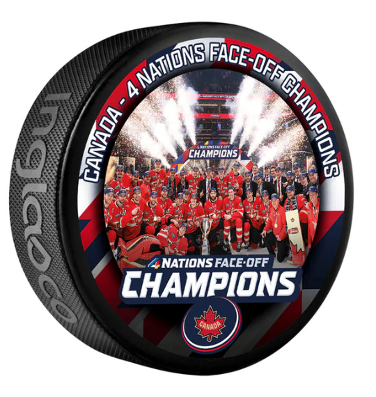 2025 Team Canada NHL Inglasco 4 Nations Face-Off Championship Souvenir Team Celebration Hockey Puck