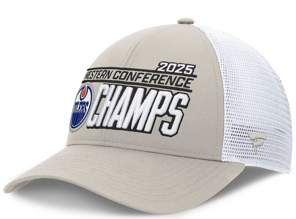 Men's Edmonton Oilers Fanatics Cream/White 2025 Western Conference Champions Locker Room Meshback Structured Adjustable Hat