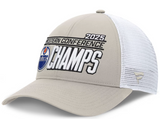Men's Edmonton Oilers Fanatics Cream/White 2025 Western Conference Champions Locker Room Meshback Structured Adjustable Hat