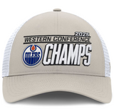 Men's Edmonton Oilers Fanatics Cream/White 2025 Western Conference Champions Locker Room Meshback Structured Adjustable Hat