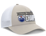 Men's Edmonton Oilers Fanatics Cream/White 2025 Western Conference Champions Locker Room Meshback Structured Adjustable Hat