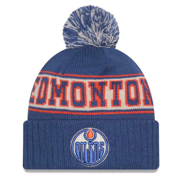 Men's Edmonton Oilers NHL New Era Royal Blue Retro Chill Knit Pom Hat