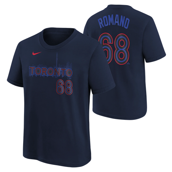 Youth Toronto Blue Jays Jordan Romano Nike Navy 2024 City Connect Name & Number T-Shirt