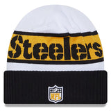 Men's New Era White/Black Pittsburgh Steelers 2023 Sideline Tech Cuffed Knit Hat