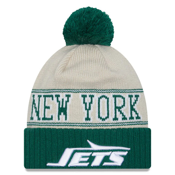 Men's New Era Cream/Green New York Jets 2023 Sideline Historic Pom Cuffed Knit Hat
