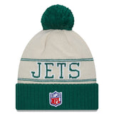 Men's New Era Cream/Green New York Jets 2023 Sideline Historic Pom Cuffed Knit Hat