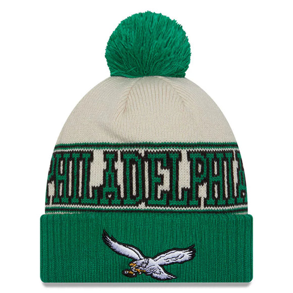 Men's New Era Cream/Green Philadelphia Eagles 2023 Sideline Historic Pom Cuffed Knit Hat