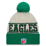 Men's New Era Cream/Green Philadelphia Eagles 2023 Sideline Historic Pom Cuffed Knit Hat
