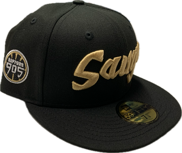 Men's Raptors 905 SAUGA Word Mark Black Gold New Era 59fifty Fitted Custom Hat Cap