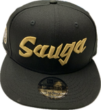 Men's Raptors 905 SAUGA Word Mark Black Gold New Era 9Fifty Snapback Custom Hat Cap