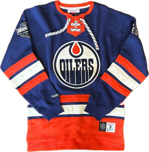 Men's Mitchell & Ness Navy Edmonton Oilers Vintage Retro Heritage Lace-Up Pullover Sweatshirt