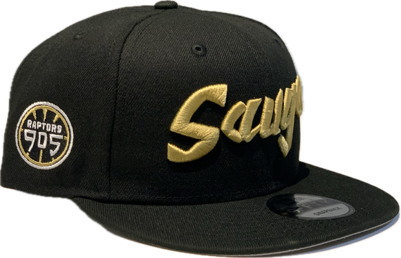 Men's Raptors 905 SAUGA Word Mark Black Gold New Era 9Fifty Snapback Custom Hat Cap