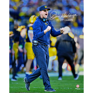 Jim Harbaugh Michigan Wolverines Autographed College Football Playoff 2023 National Champions 8" x 10" 2024 Rose Bowl Game Celebrating Photograph with "23 CFP Champs" Inscription