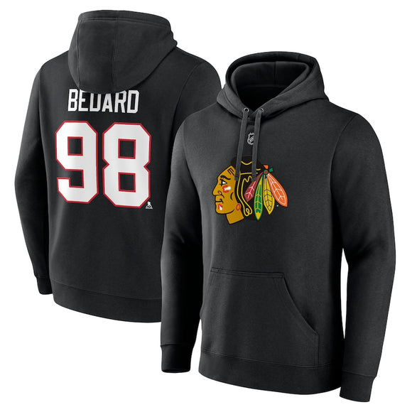 Men's Chicago Blackhawks Connor Bedard Fanatics Black Authentic Stack Name & Number Tri-Blend Pullover Hoodie