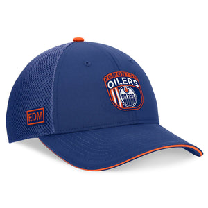 Youth Edmonton Oilers Fanatics Royal 2024 NHL Draft On Stage Trucker Adjustable Hat