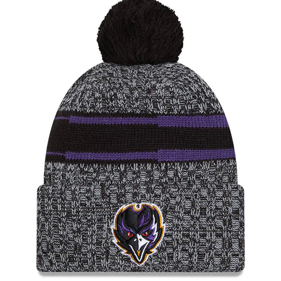 Men's New Era Black Baltimore Ravens 2023 Sideline Cuffed Knit Hat With Pom
