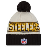 Men's New Era Black Pittsburgh Steelers 2023 Sideline Historic Pom Cuffed Knit Hat