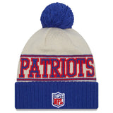 Men's New Era Blue New England Patriots 2023 Sideline Historic Pom Cuffed Knit Hat