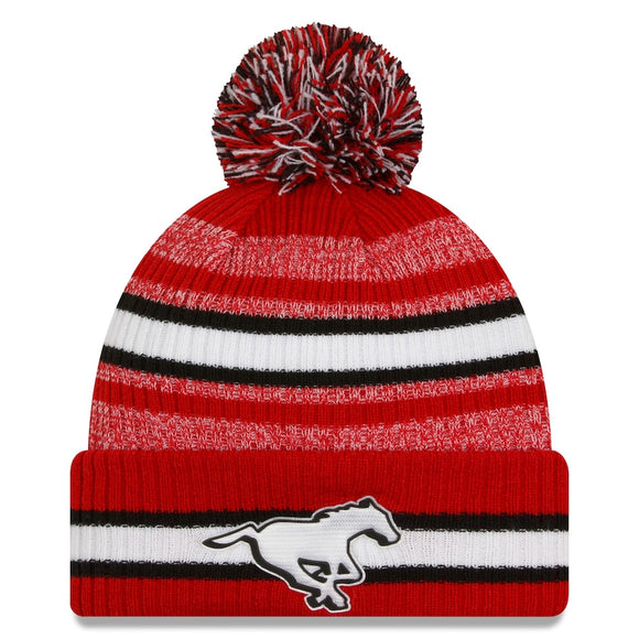 Calgary Stampeders CFL Football New Era Sideline 6 Dart Cuffed Knit Hat with Pom - Red
