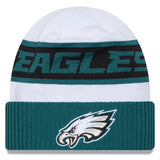 Men's New Era White/Midnight Green Philadelphia Eagles 2023 Sideline Tech Cuffed Knit Hat