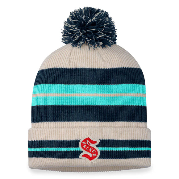 Men's Seattle Kraken Fanatics Branded Cream/Navy 2024 NHL Winter Classic Cuffed Knit Hat with Pom