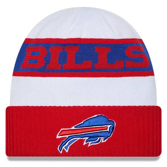 Men's New Era White/Red Buffalo Bills 2023 Sideline Tech Cuffed Knit Hat