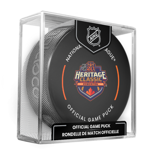 2023 NHL Heritage Classic Logo Edmonton Official Game Model Hockey Puck - Oilers vs Flames