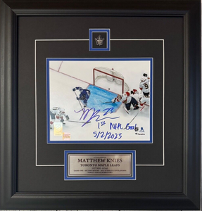 Matthew Knies Toronto Maple Leafs Autographed 8" x 10" First NHL Goal Photograph Framed - With Inscription