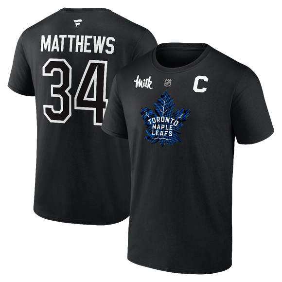 Men's Toronto Maple Leafs Auston Matthews Fanatics Branded Black Logo Authentic Stack Name & Number With C & Milk Patch - T-Shirt