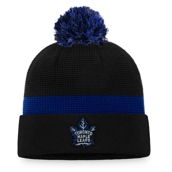 Toronto Maple Leafs Fanatics Branded NHL Alternate Logo Authentic Pro Cuffed Pom Knit Hat - Blue/Black