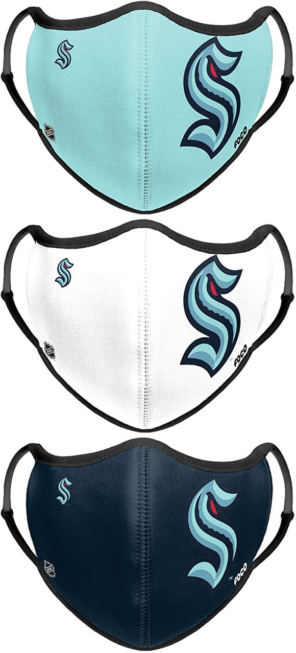Seattle Kraken NHL Hockey Foco Pack of 3 Adult Sports Face Covering Mask