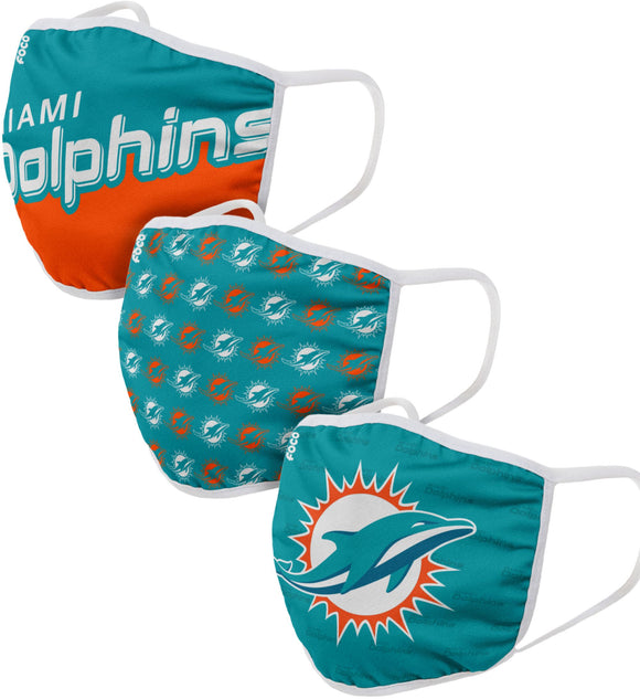 Miami Dolphins NFL Football Gametime Foco Pack of 3 Adult Face Covering Mask