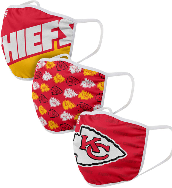 Kansas City Chiefs NFL Football Gametime Foco Pack of 3 Adult Face Covering Mask