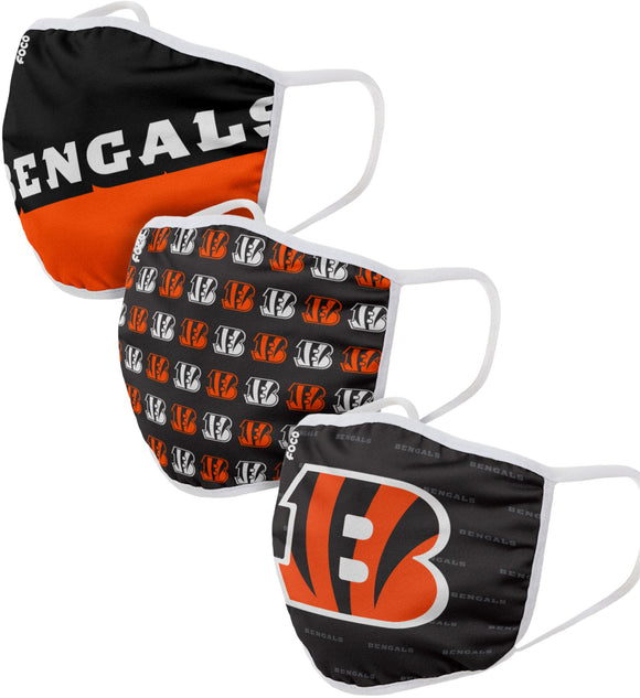 Cincinnati Bengals NFL Football Gametime Foco Pack of 3 Adult Face Covering Mask