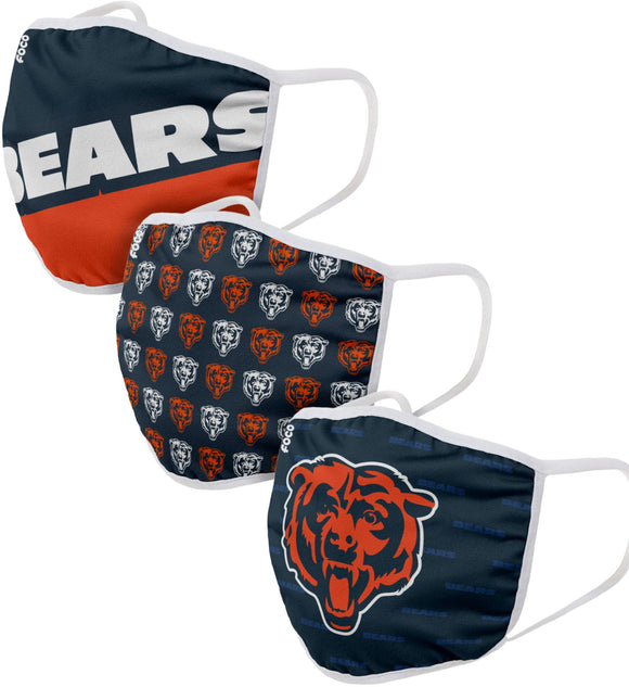 Chicago Bears NFL Football Gametime Foco Pack of 3 Adult Face Covering Mask