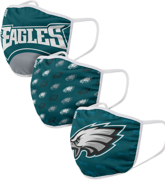 Philadelphia Eagles NFL Football Gametime Foco Pack of 3 Adult Face Covering Mask