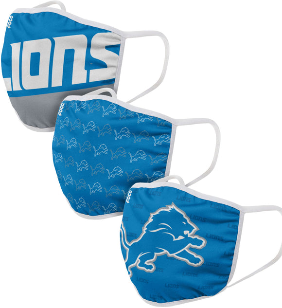 Detroit Lions NFL Football Gametime Foco Pack of 3 Adult Face Covering Mask