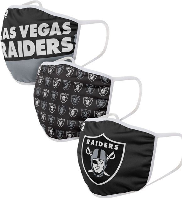 Las Vegas Raiders NFL Football Gametime Foco Pack of 3 Adult Face Covering Mask