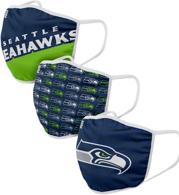 Seattle Seahawks NFL Football Gametime Foco Pack of 3 Adult Face Covering Mask