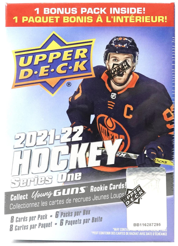 2021/22 Upper Deck Series 1 Hockey 6-Pack Blaster Box 5 Packs Per Box, 8 Cards Per Pack Plus One Bonus Pack