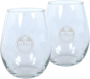 Edmonton Oilers NHL Hockey Stemless Wine Glass Set of Two 17oz in Gift Box