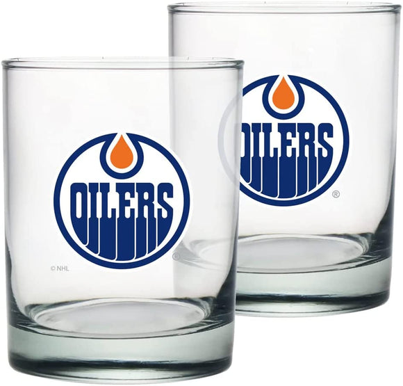 Edmonton Oilers Rocks Glass Set of Two 13.5oz NHL Hockey - Mustang Glassware