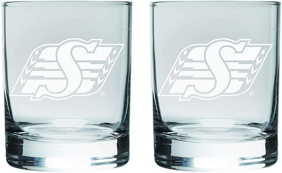 Saskatchewan Roughriders Logo CFL Football Satin Etched Rocks Glass Set of Two 10oz