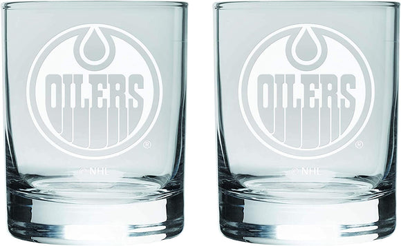 Edmonton Oilers Logo NHL Hockey Rocks Glass Set of Two 10 oz in Gift Box